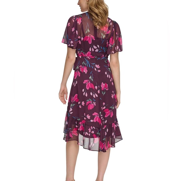NWT Calvin Klein Floral Flutter Sleeve Faux Wrap Dress Size 4 - Picture 2 of 15